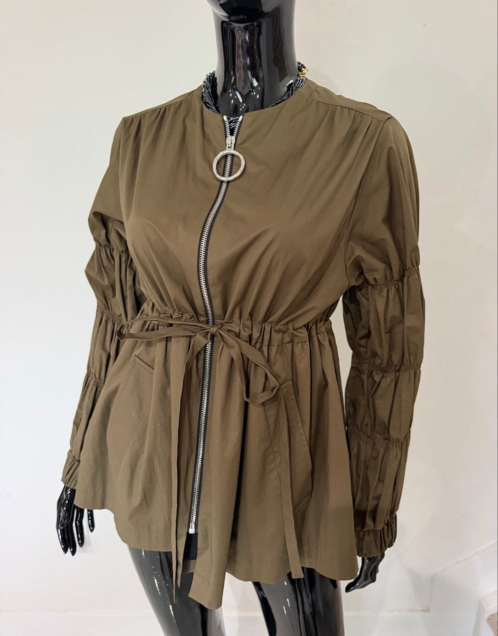 Zara Woman Olive Green Utility Jacket S O-Ring Zip Ruched Sleeve Tie Waist